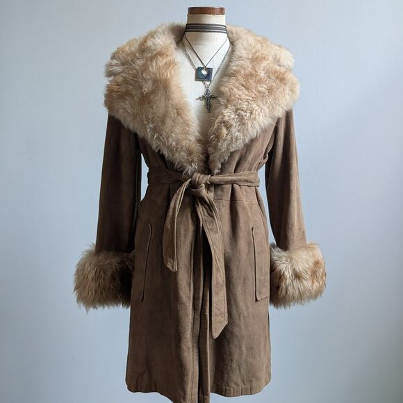 Vintage Brown Leather Penny Lane Coat Tan Suede Fur 70s Afghan Jacket Medium - Picture 1 of 10